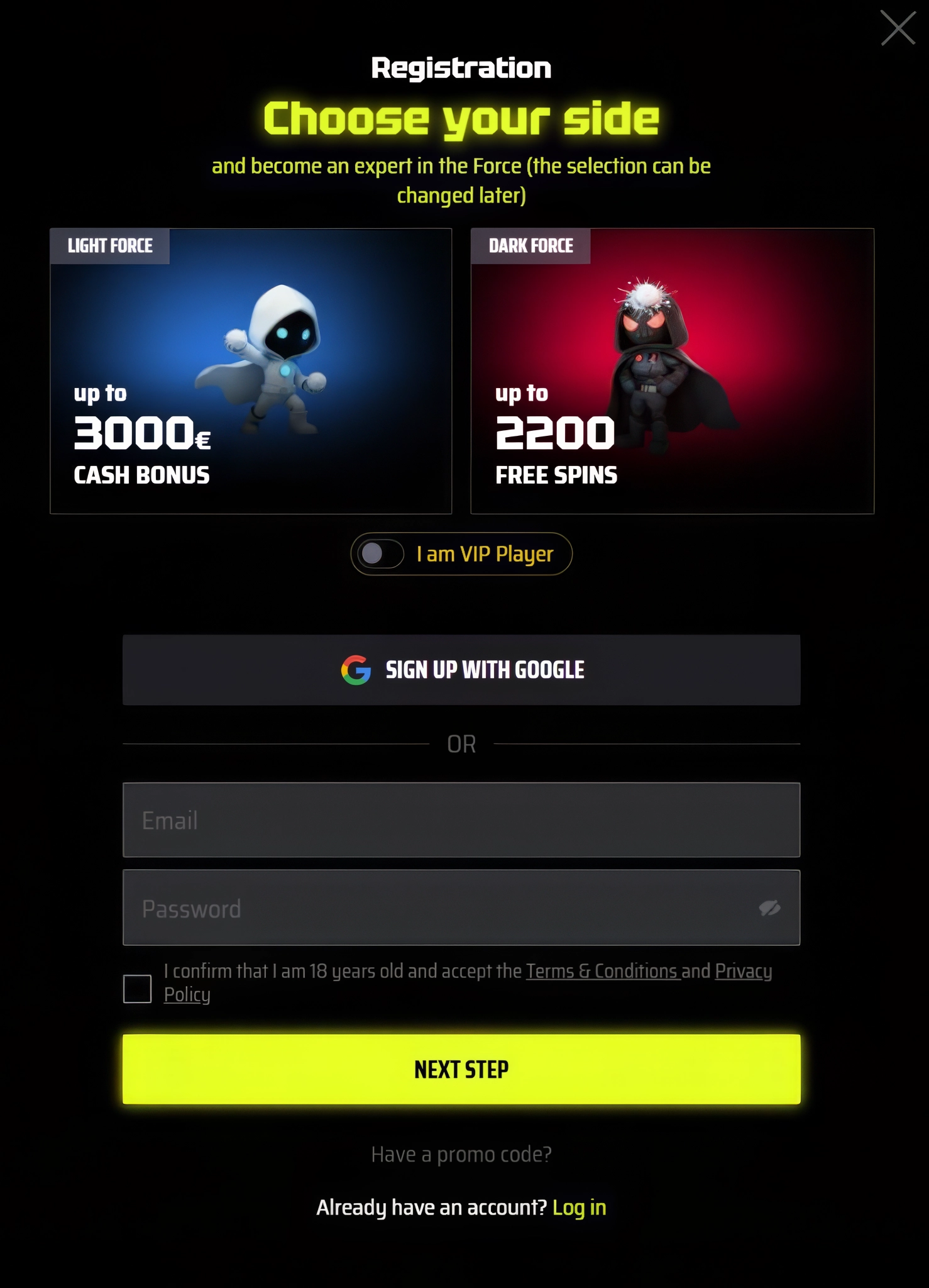 Slots Vader — formularz rejestracyjny i pierwsza wpłata od ~85 PLN